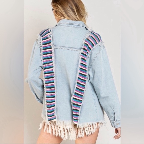 POL Crochet Denim Jean Jacket Shacket size Large - Picture 3 of 7